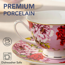 Load image into Gallery viewer, Floral Tea Cups and Saucers, 8 Oz, Set of 6 | Fine Porcelain Teacup Set with Gold Trim for Afternoon Tea Weddings Parties