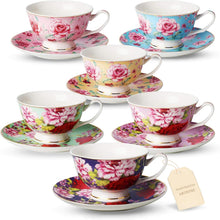 Load image into Gallery viewer, Floral Tea Cups and Saucers, 8 Oz, Set of 6 | Fine Porcelain Teacup Set with Gold Trim for Afternoon Tea Weddings Parties
