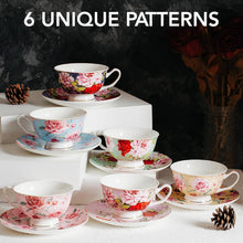 Load image into Gallery viewer, Floral Tea Cups and Saucers, 8 Oz, Set of 6 | Fine Porcelain Teacup Set with Gold Trim for Afternoon Tea Weddings Parties
