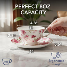 Load image into Gallery viewer, Floral Tea Cups and Saucers, 8 Oz, Set of 6 | Fine Porcelain Teacup Set with Gold Trim for Afternoon Tea Weddings Parties
